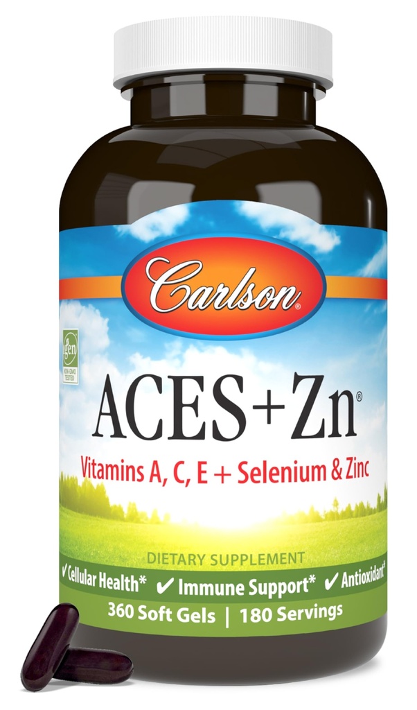 Carlson - ACES + Zn, Vitamines A, C, E + Sélénium et zinc, Multivitamine avec zinc, Santé cellulaire et immunitaire, Sélénium Multivitamine, Antioxydant, 360 Softgels