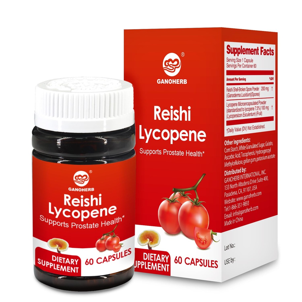 Supplément Lycopène 100mg, Extrait de tomates naturelles avec Reishi Champignon 200mg, Capsule de champignons pour la santé immunitaire, Sans gluten, Non-OGM, Vegan, 60 Capsules à libération rapide