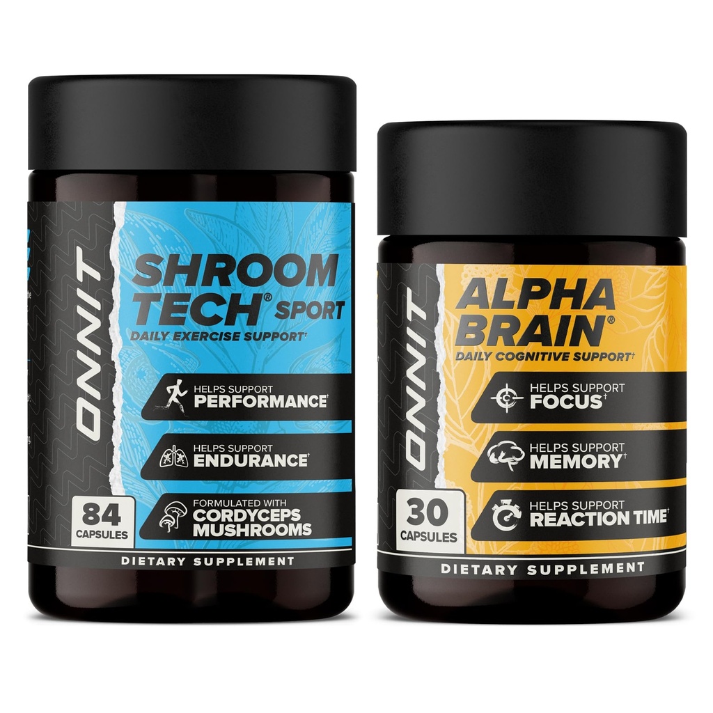 ONNIT Premium Alpha Brain Bundle - Nootropic Brain Supplement (30 Zähler) für Fokus, Konzentration & Speicher + Shroom Tech Sport für Übung, Energie & Cardiovascular Performance (84 Zähler)