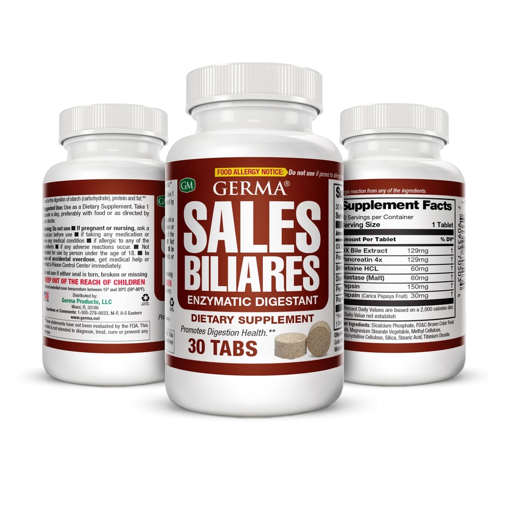 Germa Bile Salts Complément alimentaire naturel, pour le soutien du foie / Ventes Biliares Suplemento Dietetico Natural, Ayuda Higado 30 Tabs