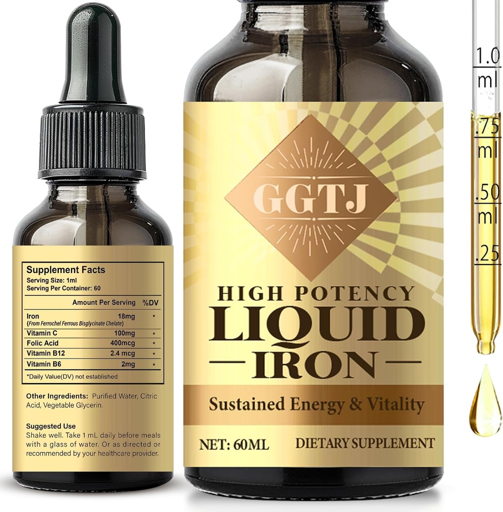 Iron Drops for Women, Iron Supplement for Women & Men, Iron Vitamin for Anemia & Immune Support, Vegan, 2 Fl Oz