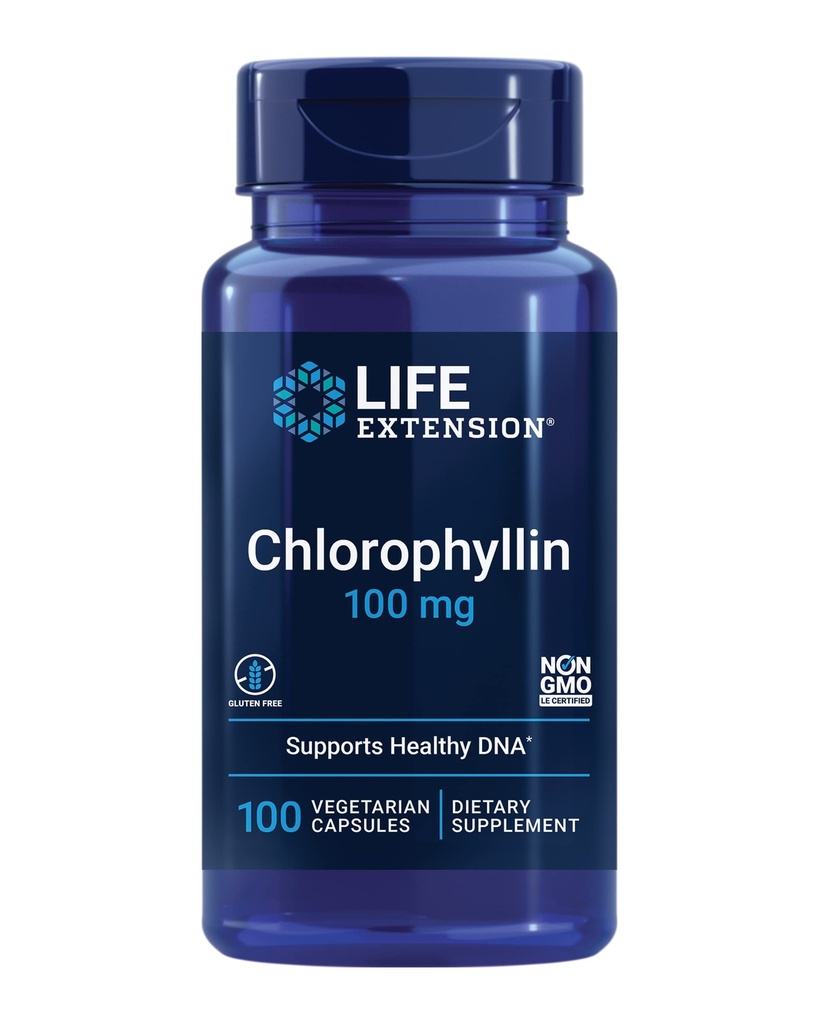 Prolongation de la vie Chlorophylline, antioxydant et ADN Soutien de la santé, sans gluten, sans OGM, végétarien, 100 capsules végétariennes