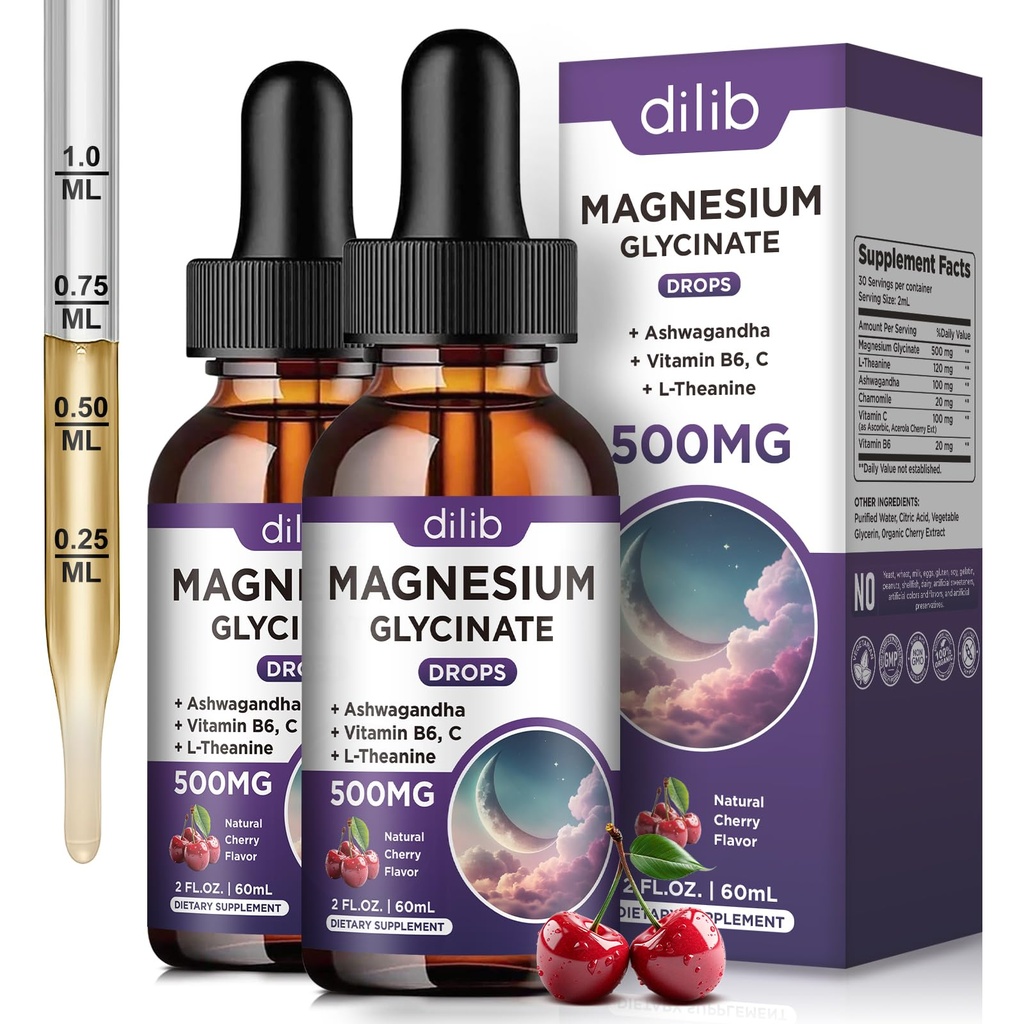 (2 Pack) Magnesium Glycinat Flüssigkeitstropfen 500mg, mit Vitamin B6, Ashwagandha, L - Theanin, Kamille, Magnesium Glycinat Supplement Hohe Absorption für Schlaf, Stress, Energie Stimmung - Kirsch Flavor