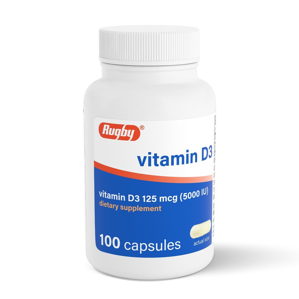 Rugby Vitamine D3 5 000 UI (125 mcg) - Supplément alimentaire de vitamine D pour la santé des os, des dents et des immunes, 100 capsules