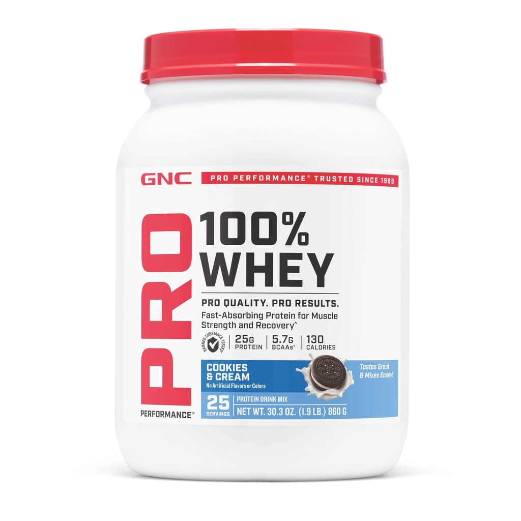 GNC Pro Performance 100% Whey Protéine Poudre 2.0, Absorbage rapide pour la force musculaire et la récupération, Cookies et crème, 25 portions