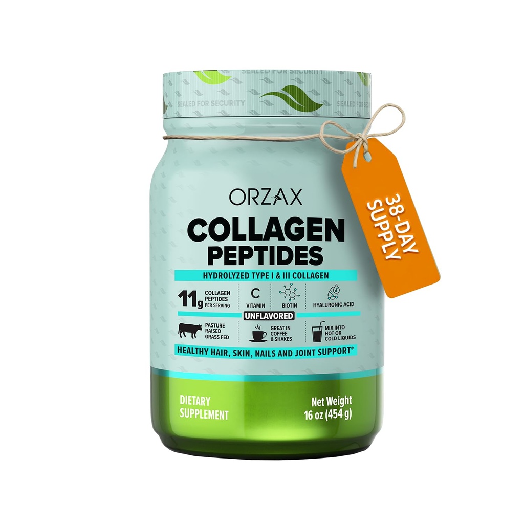ORZAX Collagen Peptides Powder - 11 g Collagen Typ I & III, Biotin & Hyaluronsäure, 16 oz (Unflavored)