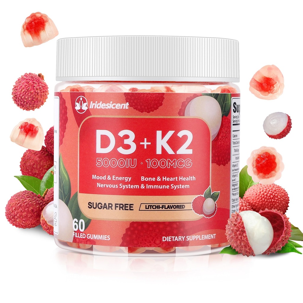 Vitamin D3 K2 Gummie w/Magnesium Sugar Free - 60 Count | D3 Vitamin 5.000 IU + K2(MK-7) 100 mcg - Vegan K2 D3 Vitamin Supplement, hochabsorbierende Unterstützt Knochen, Muskel, Mood & Immun (Lychee Flavor)