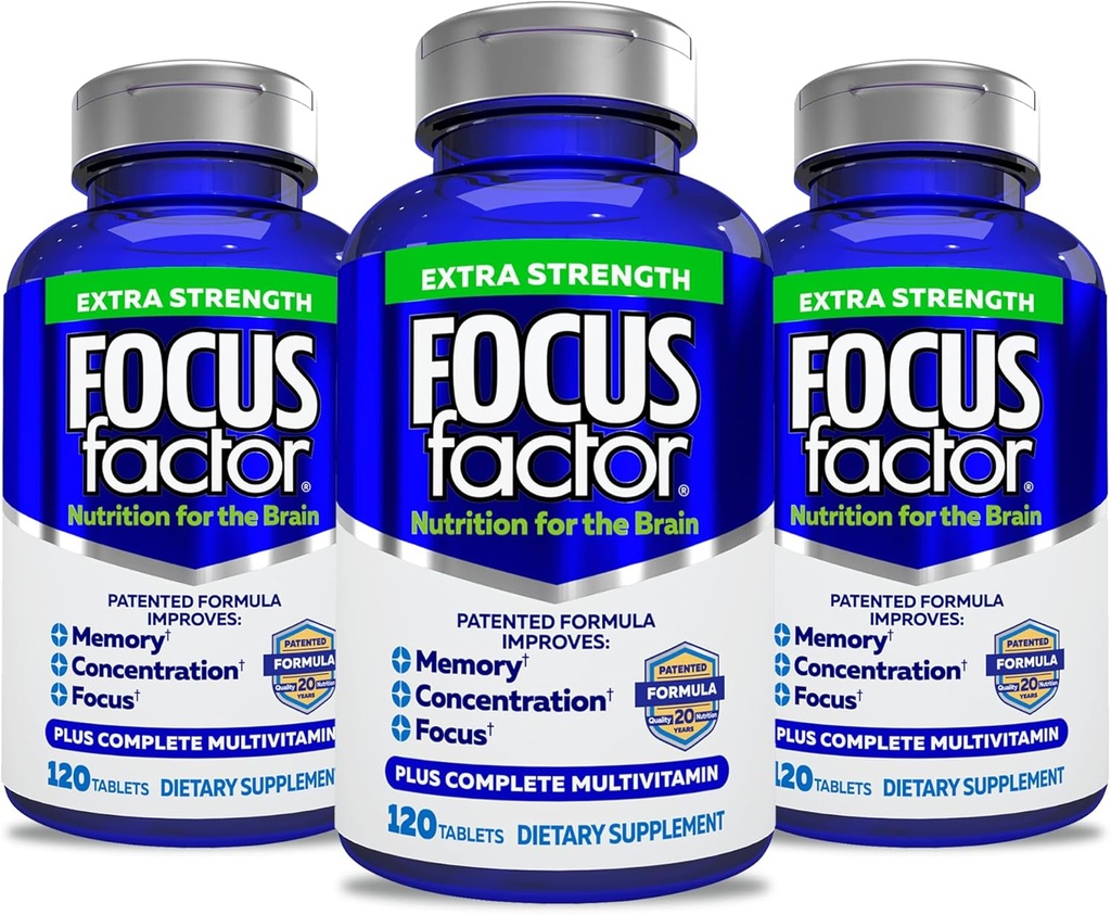 Fokusfaktor Erwachsene Extrastärke, 120 Count- Brain Ergänzung für Gedächtnis, Konzentration, Fokus- DMAE, Vitamin D, DHA- Gehirn Health Supplement – Trusted Formula- Brain Vitamins, Fokus Pillen (3 Pack)