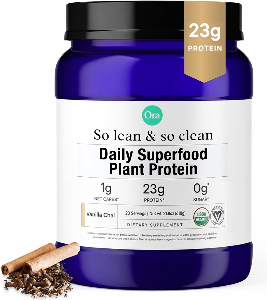 Ora poudre de protéines végétales organiques - 23g de poudre de protéines végétales pour les femmes et les hommes Source de protéines propres, Keto Friendly, sans gluten, Paléo, sans lait, sans soja - Vanilla Chai - 20 portions