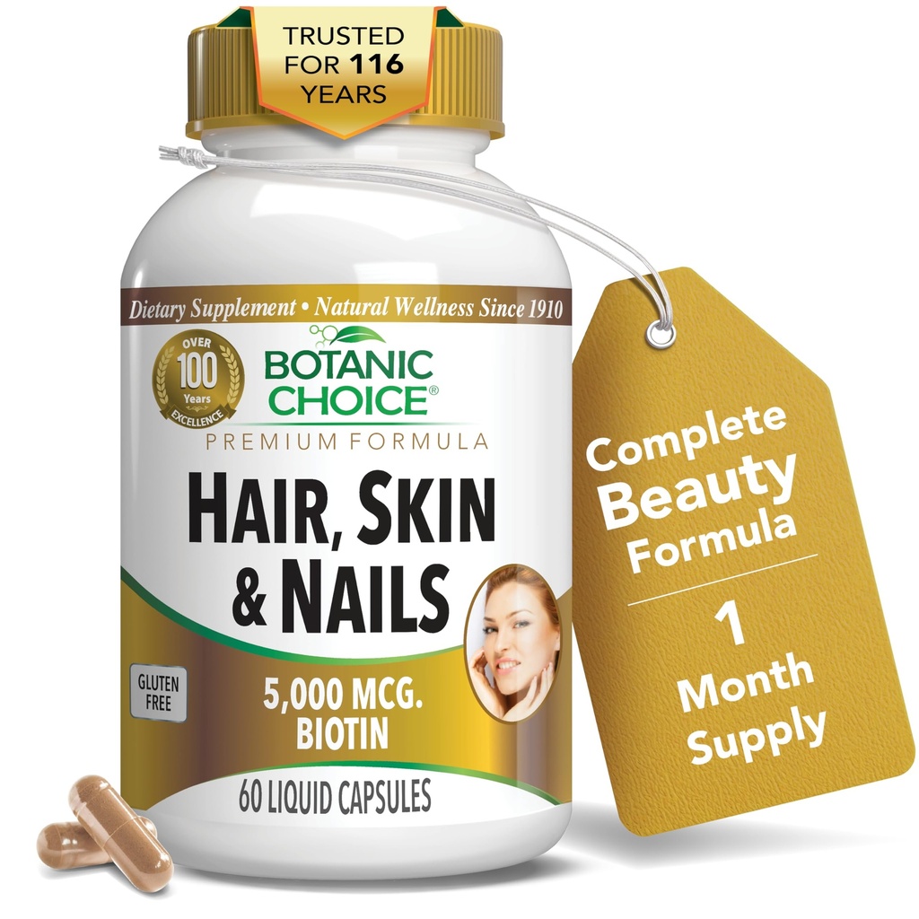 Botanische Wahl Haar Haut und Nägel Vitamine - Biotin Ergänzung mit Kollagen, Vitamin C, & Eisen - Super Antioxidans Mischung mit Argan Öl & Hyaluronsäure - 60 flüssige Kapseln