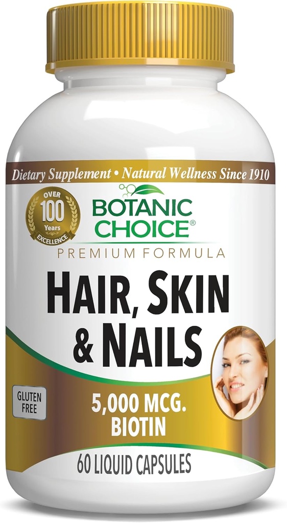 Botanische Wahl Haar Haut und Nägel Vitamine - Biotin Ergänzung mit Kollagen, Vitamin C, & Eisen - Super Antioxidans Mischung mit Argan Öl & Hyaluronsäure - 60 flüssige Kapseln