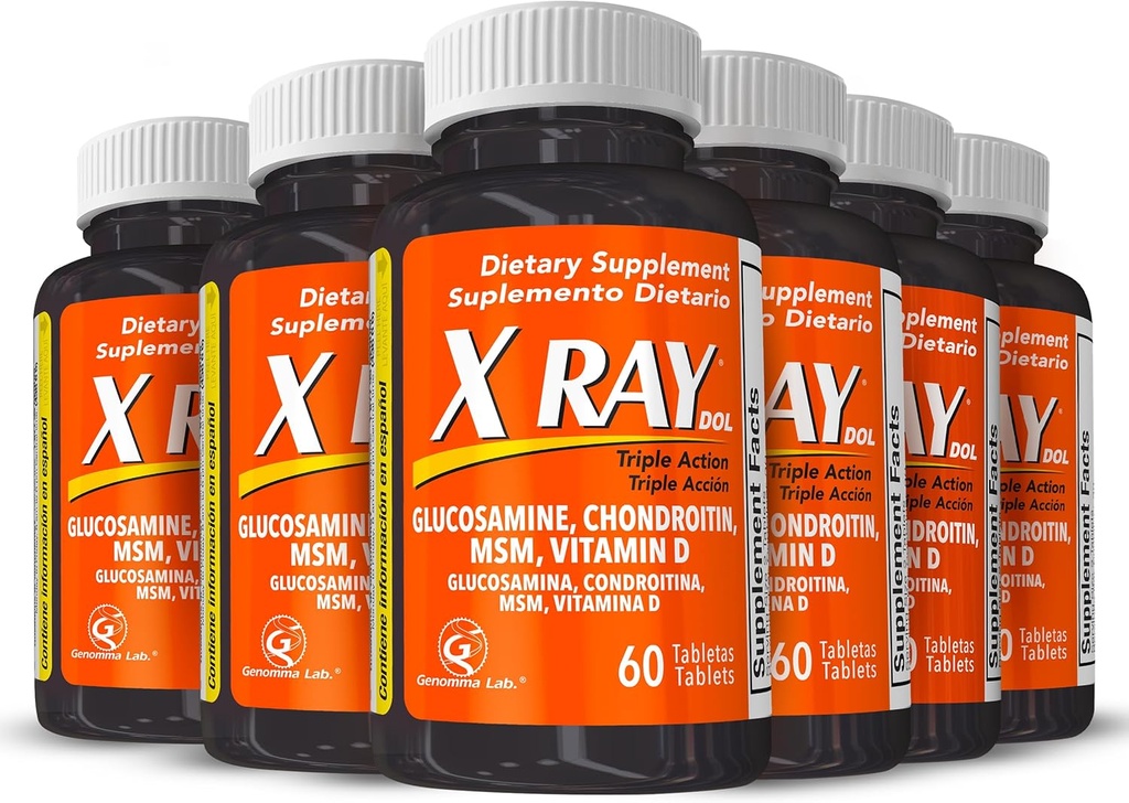 X Ray Dol Triple Action Supplément de soutien conjoint avec Glucosamine 1500mg, Chondroïtine 800mg, MSM 750mg et 5X Vitamine D pour les articulations saines, les os et le cartilage - 60 Compte par bouteille - 6 Pack