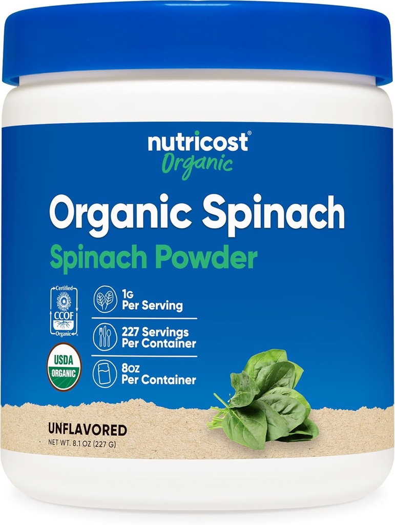 Poudre d'épinards biologiques Nutricost 8oz (1 gramme par portion) - Poudre d'épinards biologiques certifiée USDA, premium non OGM