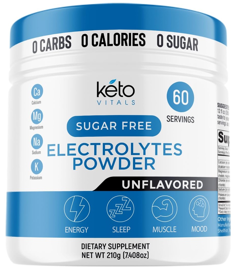 Keto Vitals Poudre d'électrolyte non aromatisée -Électrolytes avec Potassium, Magnésium, Sodium, Calcium , Kéto Electrolytes Supplément boisson Mélange , sans sucre , Calories zéro , Zéro glucides