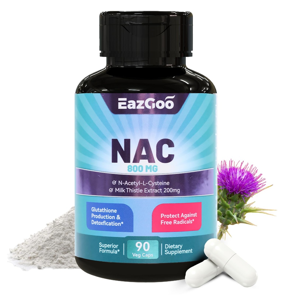 NAC-Ergänzung, N-Acetyl Cystein Kapseln 800mg, N-Acetyl-Ergänzung mit Milchdistel 200mg, Antioxidans-Unterstützung, Vegan, GVO-frei, NAC 90 Count (Pack von 1)