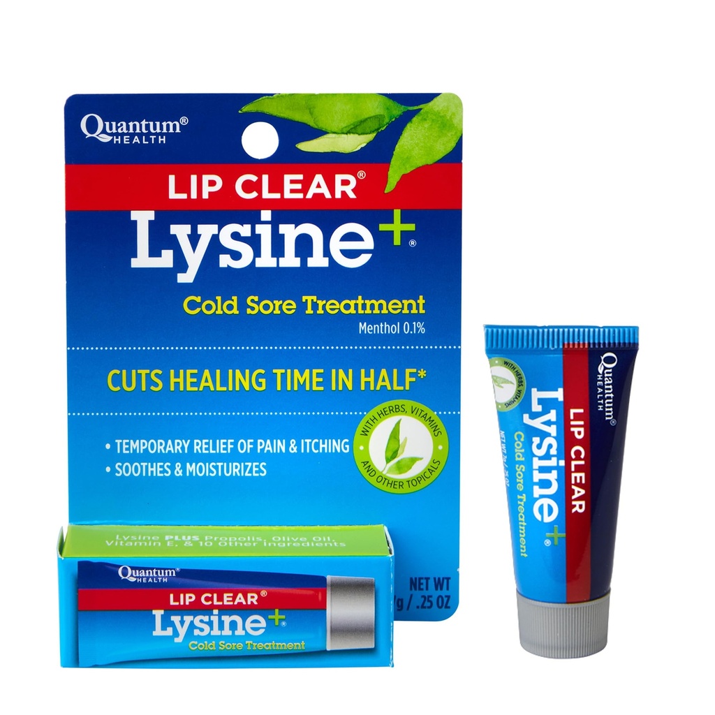 Quantum Health Lip Clear Lysine+ Traitement des plaies froides Soothe & Hydratant les plaies de bouche - L-Lysine Menthol Calendula & Propolis Ointment - Baume de Guérison Transparent Fever Blister - 0,25 Oz