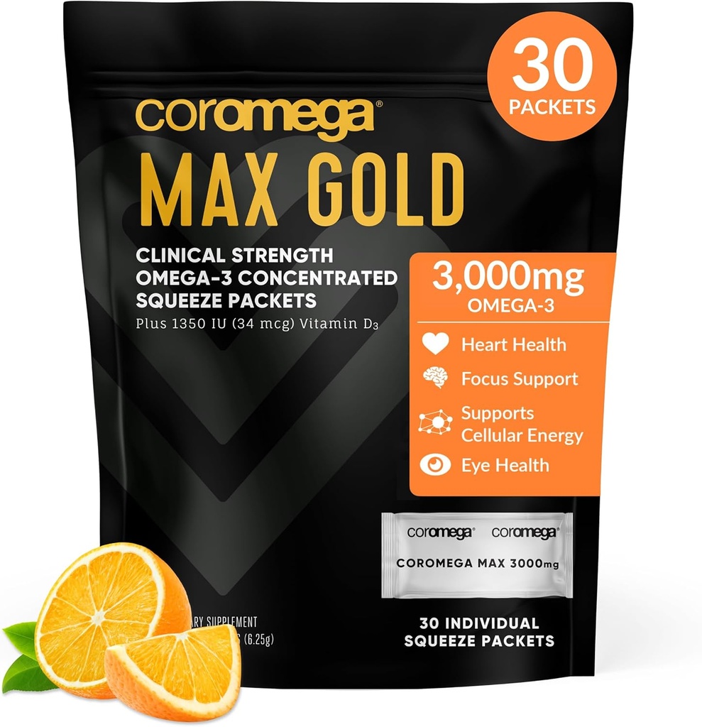 Coromega MAX Gold 3000mg Omega-3 Fish Oil + Vitamin D Squeeze Packets, Wild-Caught, No Fishy Taste - 3X Bessere Absorption als Softgels, unterstützt Gehirn und Herzgesundheit (30 Servierungen, Orange Flavor)