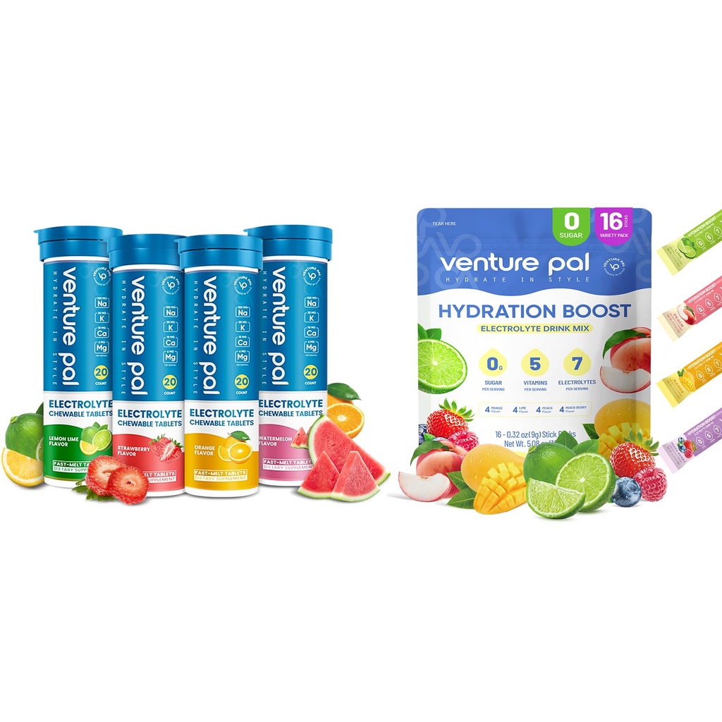 Venture Pal Sugar Free Electrolyte Powder Packets & Chewable Fast-Melt Elektrolyt Tablets, Sport-Elektrolyt zum Laufen Wandern Radfahren Sporternährung