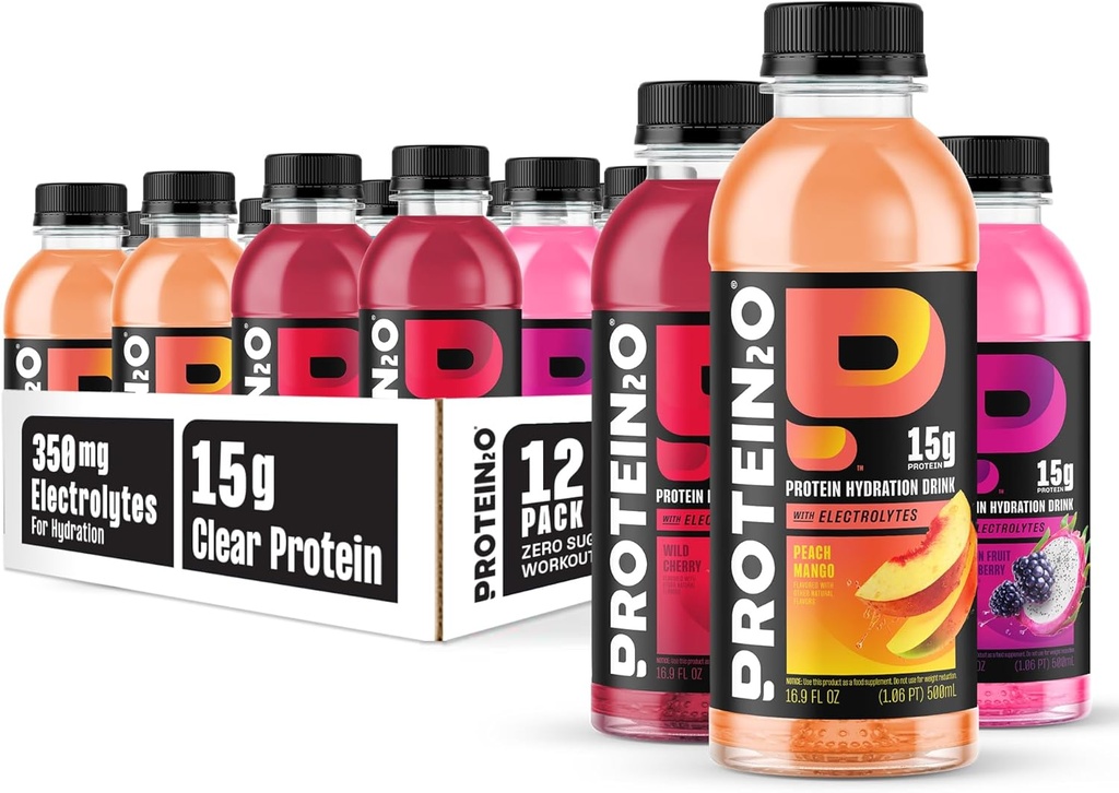 Protein2o Hydration Drink - 2-in-1 Flüssiges klares Whey Protein Isolat und Elektrolyt-Getränk - 15g Protein, Vitamine B5, B6 - Nach-Workout Erholung - 16.9 Fl Oz - 12 Count Flavor Fusion Variety Pack