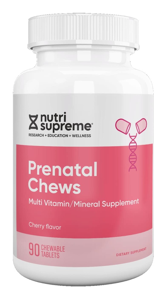 Nutri Supreme Vitamine prénatale, Vitamines prénatales à croquer pour les femmes avec 800 MCG de folate, Multivitamine complète de grossesse avec fer, Kosher, Cherry Flavor, 90 Comte