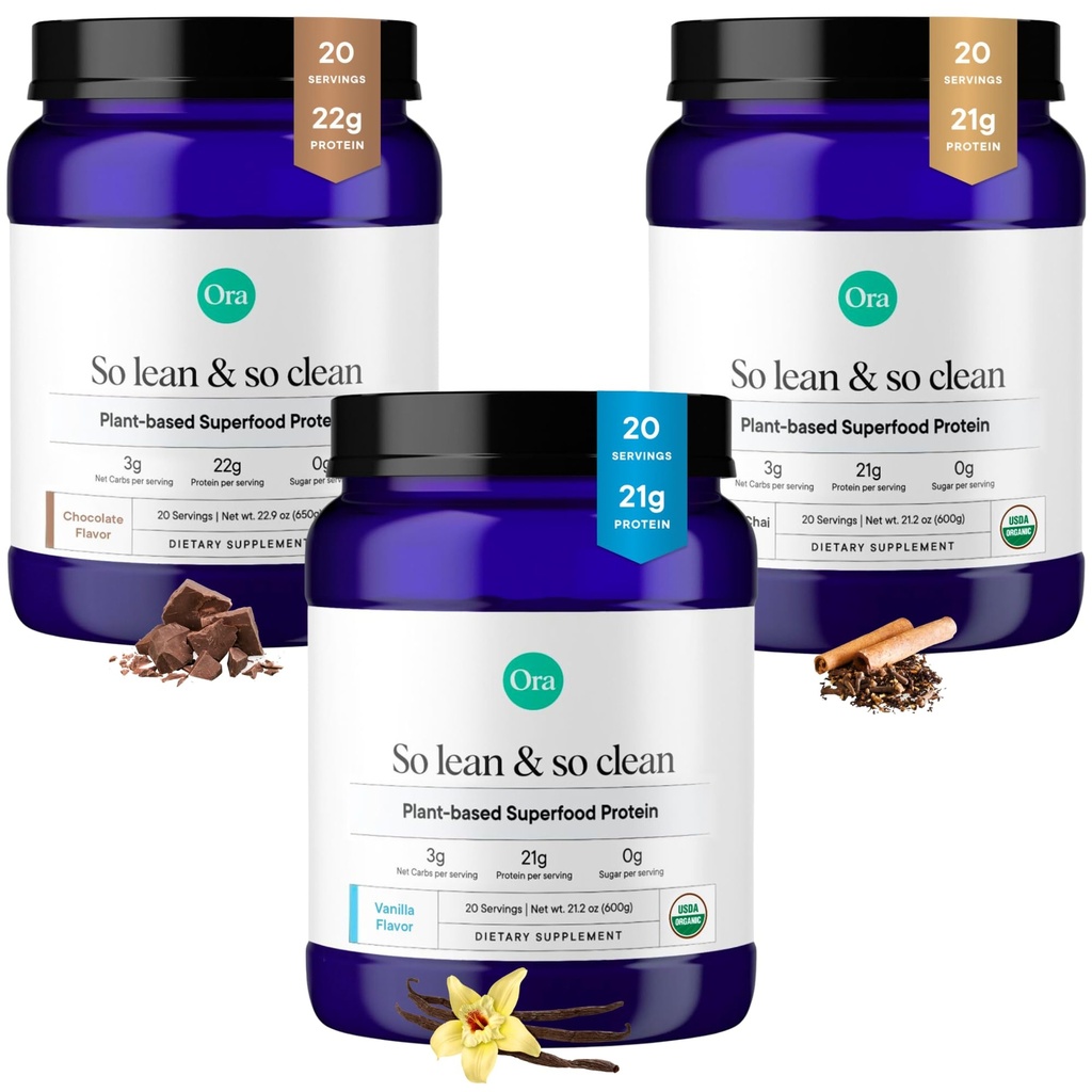 Poudre de protéines organiques Ora Vanille, Chocolat & Vanilla Chai Bundle: 21g à base végétale, Vanilla, Vanilla Chai, 20 portions + 22g à base végétale, Chocolat, 20 portions