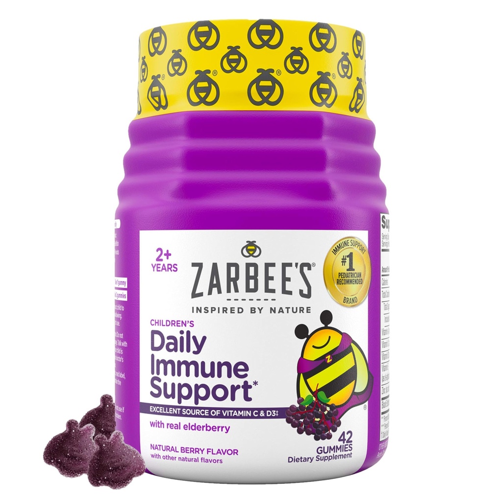 Zarbee’s Kids Elderberry Immun Support Supplement Gummis, Vitamine A C D3 E & Zink, Elderberry Extract, Gluten & Gelatin Free, keine künstlichen Aromen, Natürliche Berry Flavor, Alter 2+, 42 Ct