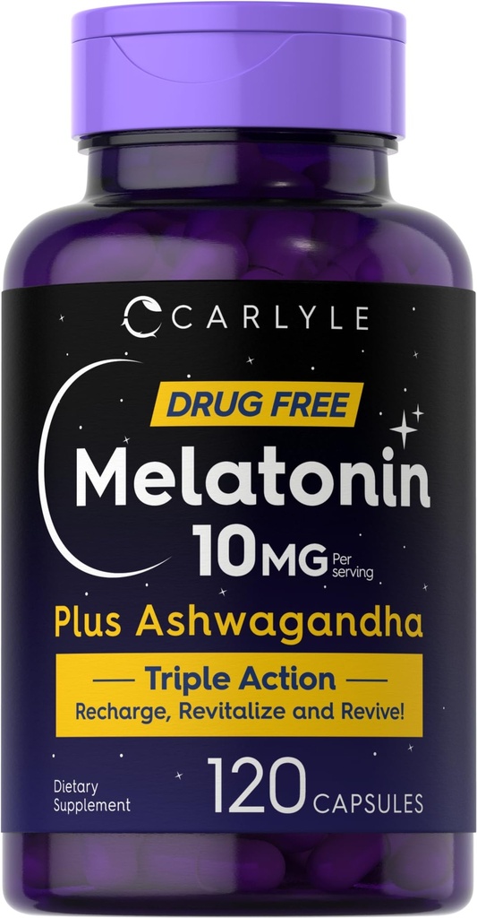 Carlyle Melatonin 10mg | 120 Kapseln | mit Ashwagandha | Triple Strength Formula | Nicht-GVO, glutenfreie Ergänzung