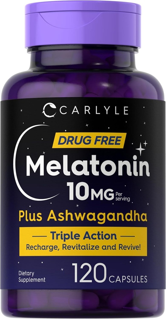 Carlyle Melatonin 10mg | 120 Kapseln | mit Ashwagandha | Triple Strength Formula | Non-GMO, Glutenfreie Ergänzung
