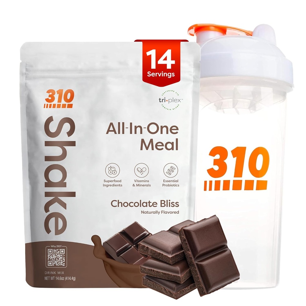 310 Ernährung All-in-One Meal Ersatz Shake Powder w/Shaker Cup Starter Kit - High Protein Fiber Rich Vegan Superfood Blend - Sugar-Free, Keto & Paleo Friendly, Low Carb - Chocolate Bliss 14 srv