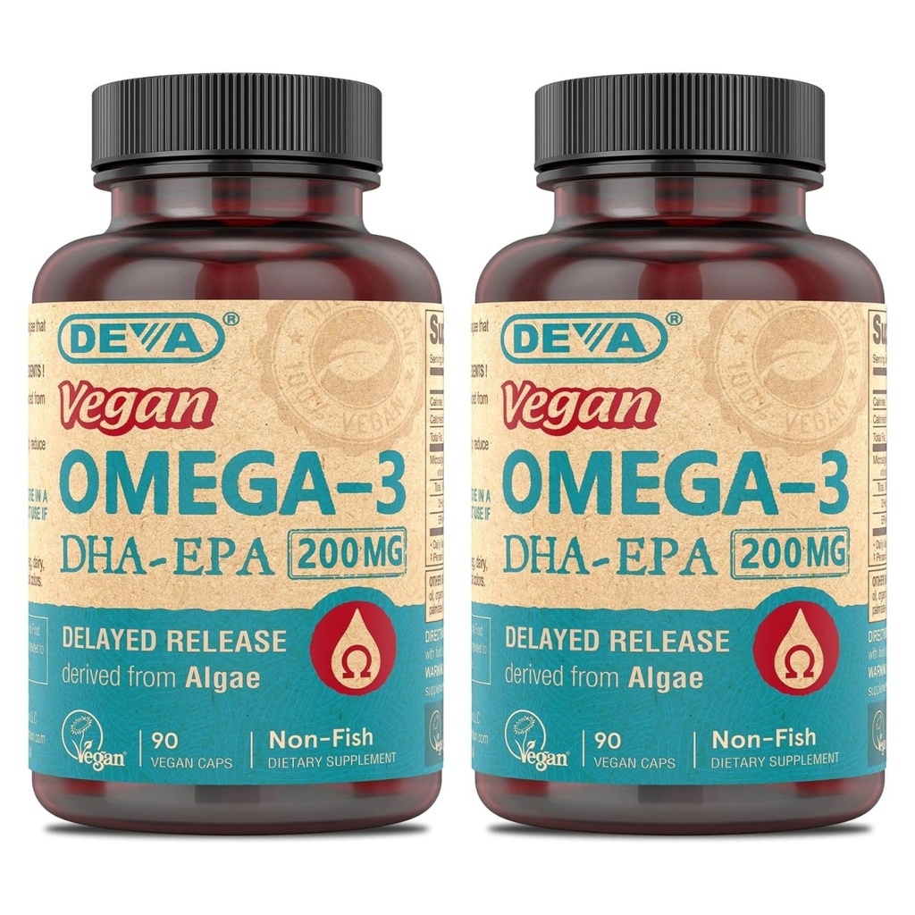 DEVA Vegan Omega-3 DHA-EPA, von Micro Algae, Delayed Release, 90 Vegan Kapseln (Pack von 2)