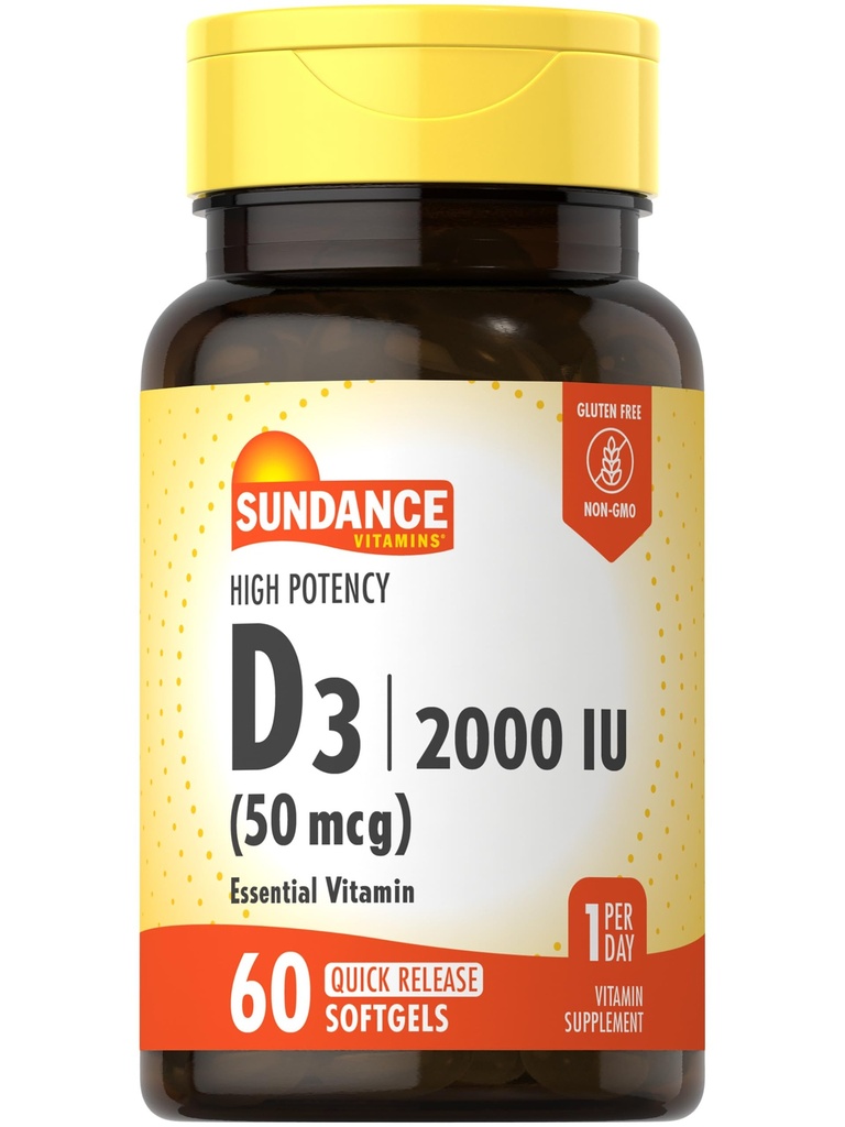 Sundance Vitamin D3 2000 IU | 60 Quick Release Softgels | Hohe Potenz | Non-GMO und glutenfreie Ergänzung