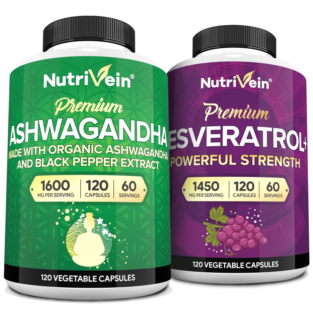 Nutrivein Premium Ashwagandha Capsules & Resveratrol Supplement Bundle: Capsules de resvératrol haute absorption et Suppléments Ashwagandha pour l'équilibre, la vitalité et la réparation