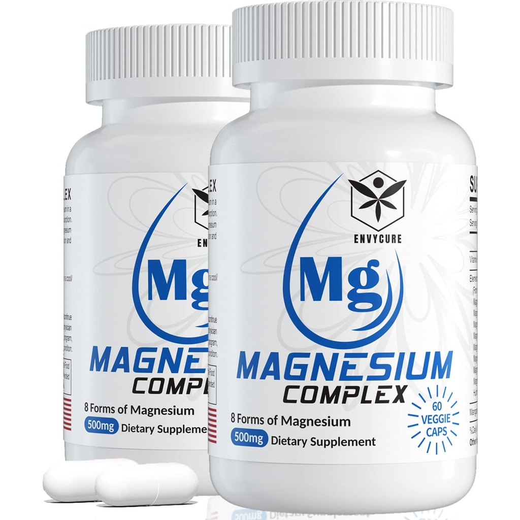 Magnesium Complex Supplement 8 Formen, 500mg Magnesium Glycinat, Malat, Citrat, Hohe Absorption Mg für Kalm, Schlaf, Mood & Gesunde Muskeln, Paket von 2, Insgesamt 120 Vegan Kapseln