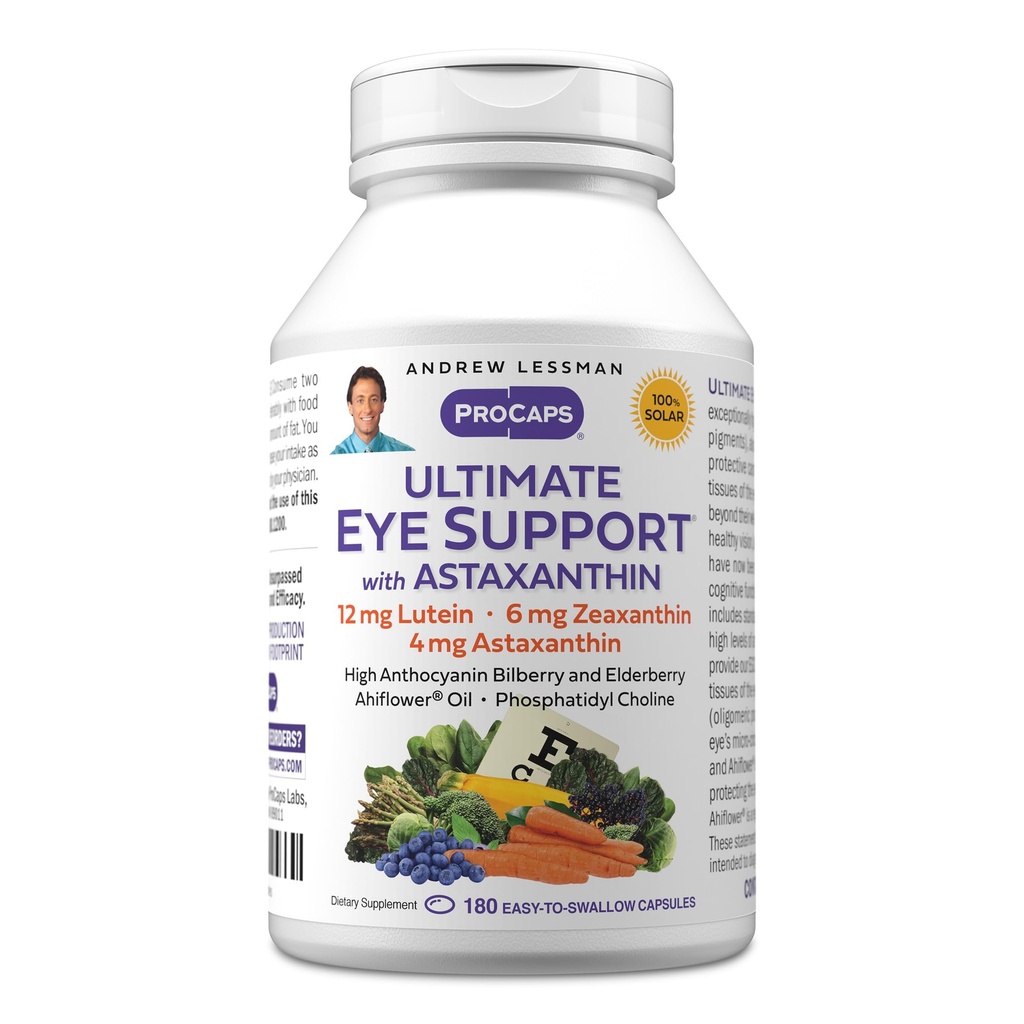 ANDREW LESSMAN Ultimate Eye Support with Astaxanthin 180 Softgels - 12mg Lutein, 6mg Zeaxanthin, 4mg Astaxanthin, Bilberry. Éléments nutritifs clés pour appuyer la santé oculaire, promouvoir une vision saine. Aucun additif