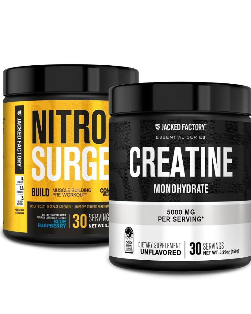 Jacked Factory Nitrosurge Build Pre Workout mit Kreatin für Muskelaufbau (30 Servierungen, Blauer Himbeer) & Kreatin Monohydrat Pulver für Muskelwachstum & Erholung (30 Servierungen, Unflavored)