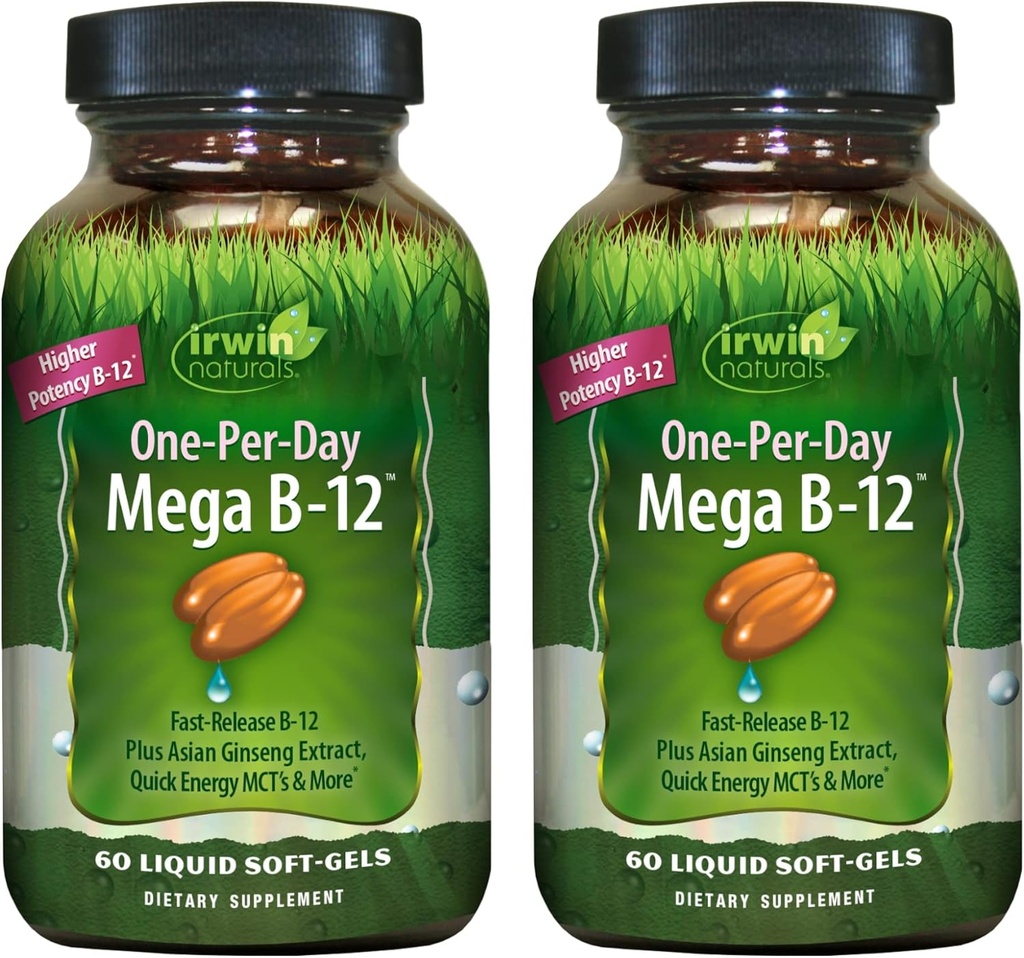 Irwin Naturals 1 par jour Mega B-12 1 500 mcg Vitamine de méthylcobalamine de haute puissance - Absorption rapide améliorée avec MCT + Ginseng asiatique - Boost énergétique naturel - 60 softgels liquides (paquet de 2)