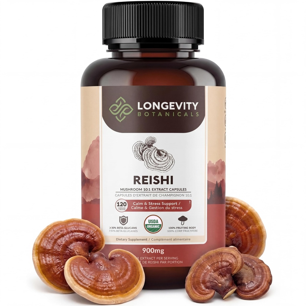 Bio Reishi Mushroom Kapseln Ergänzung (120) | Pure Fruiting Body 10:1 High Strength Extract | 30% Beta-D Glucans | 9.000mg Raw Equivalent Per Serving | Calm, Sleep & Stress Support