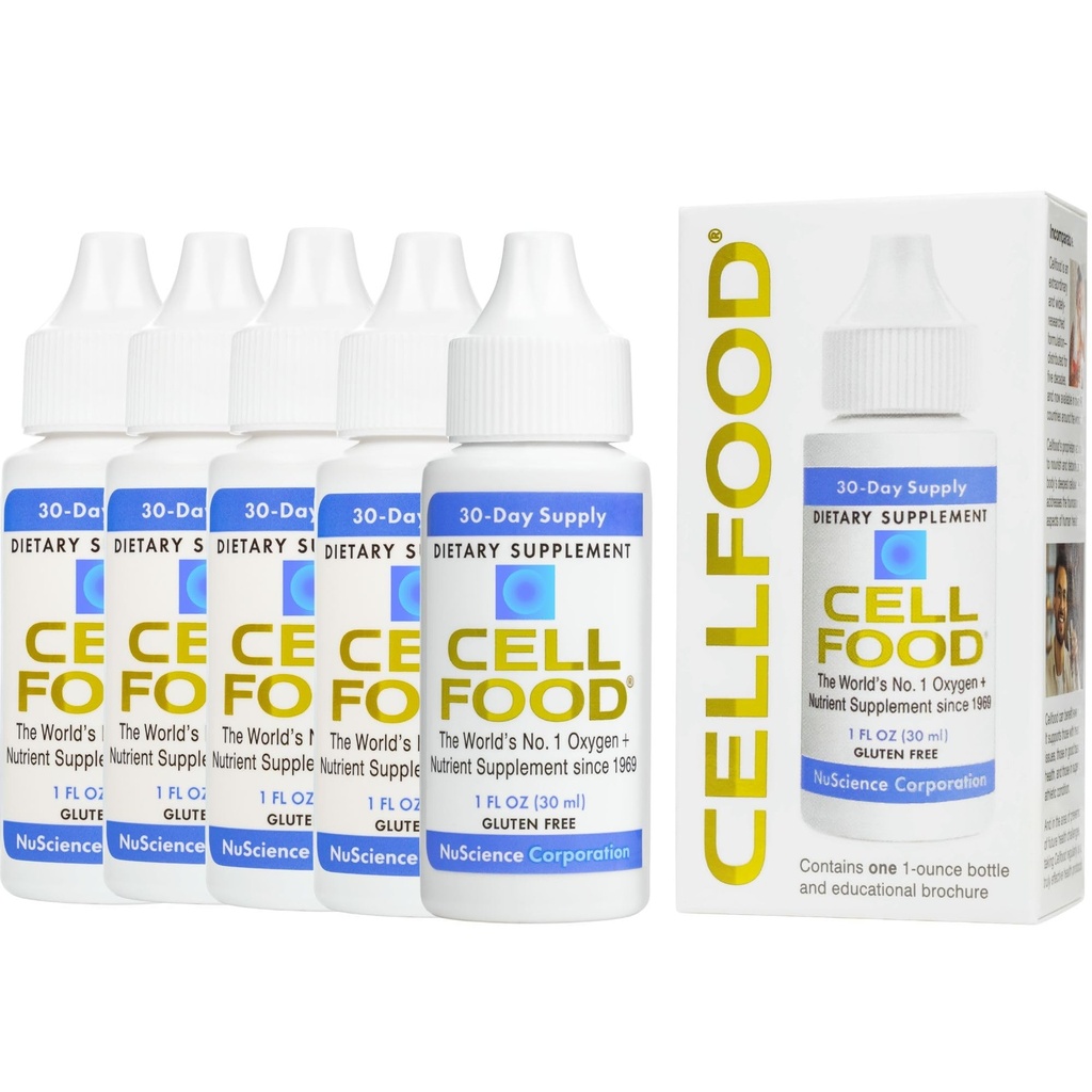 Cellfood Oxygen Boost - 1 fl oz, 5 Pack - Supplément d'oxygène liquide pour le drainage lymphatique, la maladie d'altitude, Jet Lag, Fatigue, Céphalées, Hangovers & Energy - Sans gluten, Cert. Kosher
