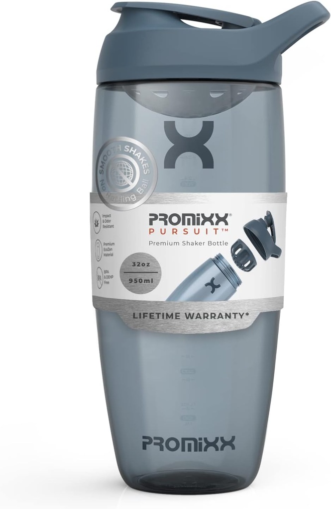 Promixx Pursuit Protein Shaker Bottle (32 oz) – Silent No-Ball Mixer, Leak-Proof Lid, BPA/BPS & Phthalate-Free ECOZEN – Easy-Clean Shaker Cup für Protein Shakes, Pre & Post-Workout Smoothies