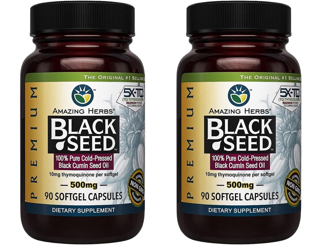 Erstaunliche Kräuter Premium Schwarz Samen Öl Kapseln - Glutenfrei, Non GMO, Kaltgepresste Nigella Sativa Aids in Verdauungs-Gesundheit, Immununterstützung, Gehirnfunktion - 90 Count, 500mg (Pack von 2)