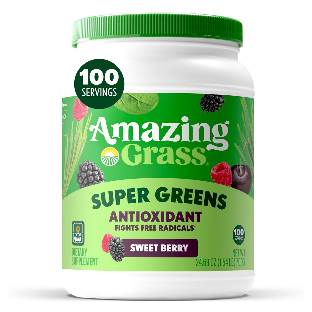 Amazing Grass Super Greens Powder Antioxidant, Organic Greens Blend Powder Superfood, Smoothie Mix with Vitamin C and Vitamin K, Sweet Berry, 100 Servings, 24.7 Ounce (Packaging May Vary)
