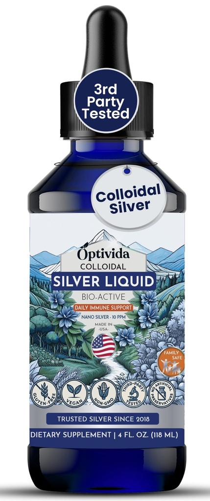 Optivida Health Colloidal Silver Liquid (4 oz) – Premium Nano Silver Colloidal Supplement for Daily Wellness & Immune Support, Natural Liquid Silver Hydrosol für Erwachsene & Kinder, Non-GMO, Gluten-Free