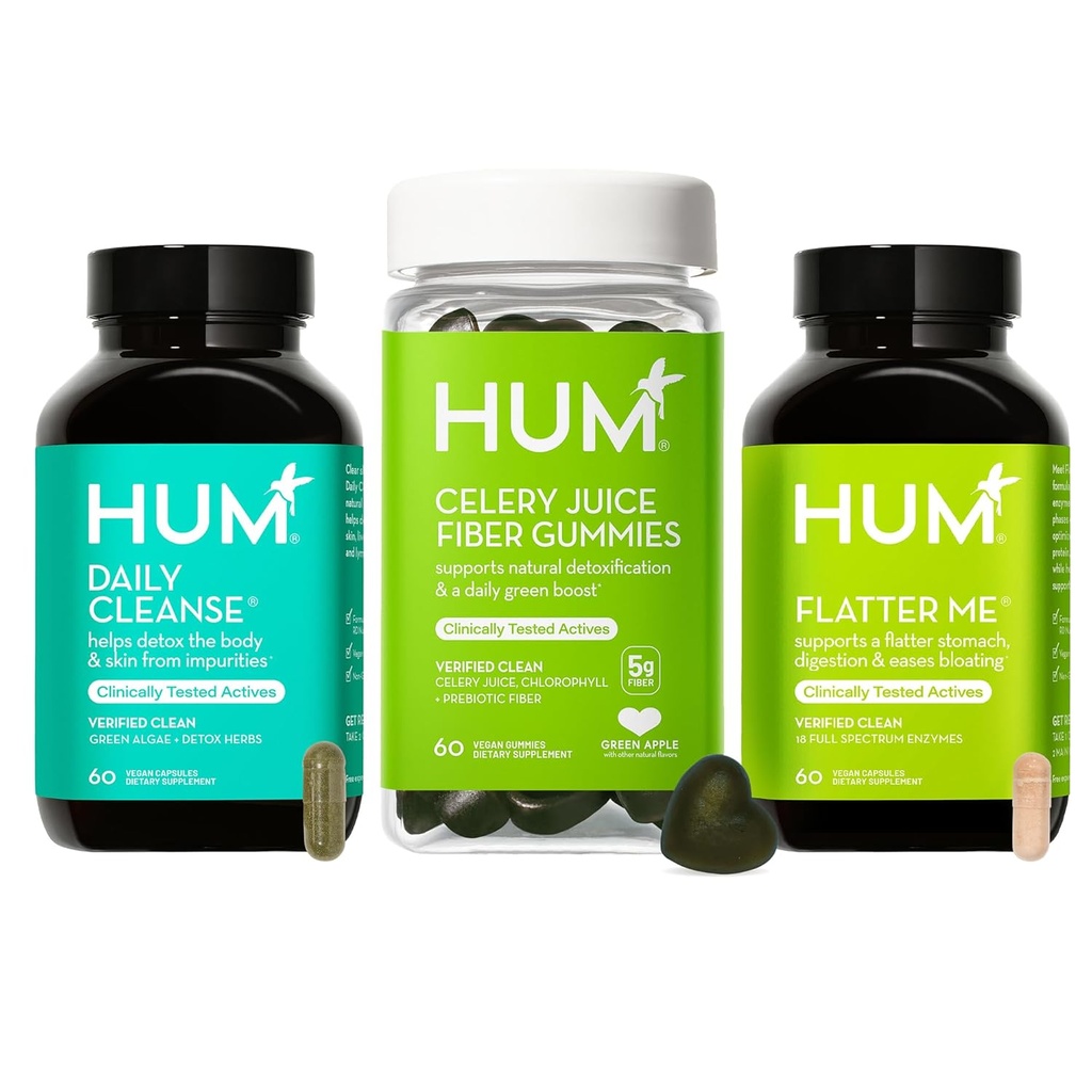 HUM Green Detox Bundle mit Flatter Me Digestive Enzymes, Daily Cleanse Acne Supplement und Celery Juice Fiber Gummies mit Chlorophyll, 3-Step Wellness Set, unterstützt Verdauungs- & Gut Gesundheit