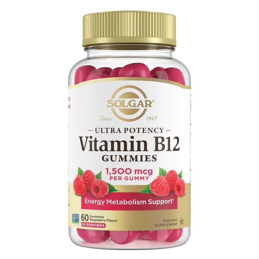Solgar Methyl B12 Gummi für Erwachsene 1.500mcg Ultra Potency Vitamin für Energie & Stoffwechsel Unterstützung, Himbeere Geschmack, Vegan & Gluten-freie Gummy für Frauen & Männer, 2 Monate Versorgung, 60 Servierungen, 2g Zucker