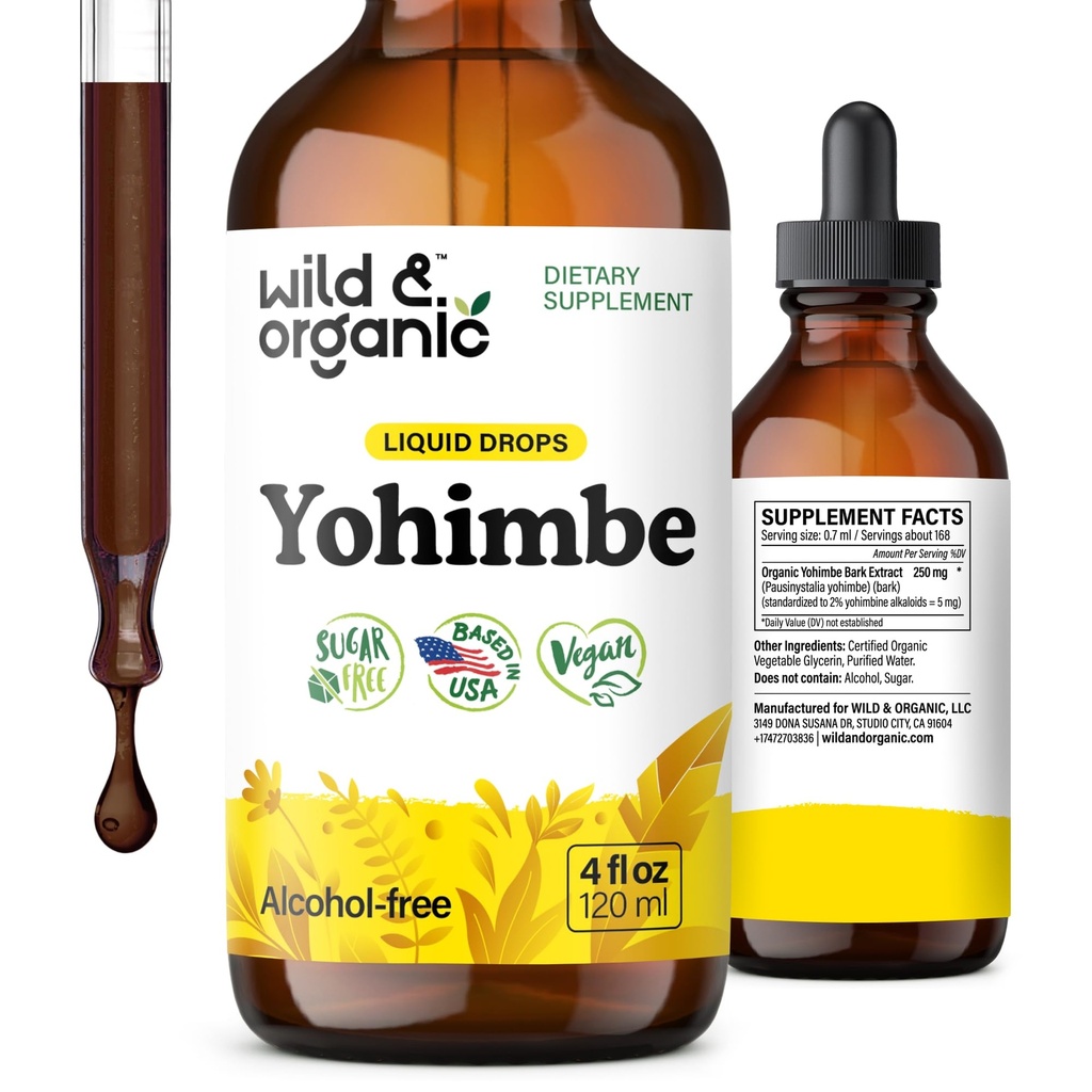 Wild & Organic Yohimbe Supplements für Männer & Frauen - 5 mg Yohimbine Extract Tinktur - Alkoholfreie Yohimbe Bark Drops - Vegan, Non-GMO & Sugar-Free - 4 fl oz