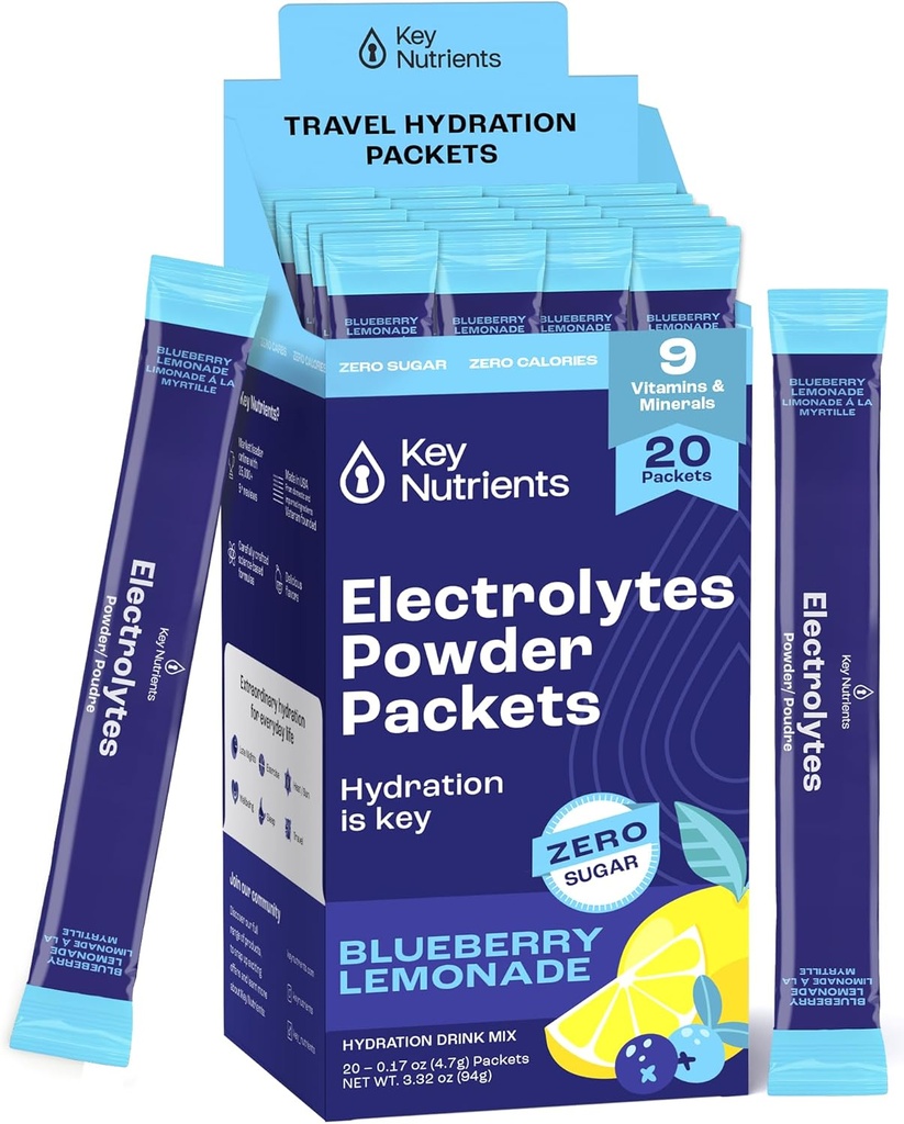 CLÉS NUTRIENTS Électrolytes Multivitamine Powder Packets - Delicious Blueberry Lemonade 20 Packs d'hydratation - Poudre d'hydratation de voyage - Pas de sucre, pas de calories, sans gluten - Fabriqué aux États-Unis