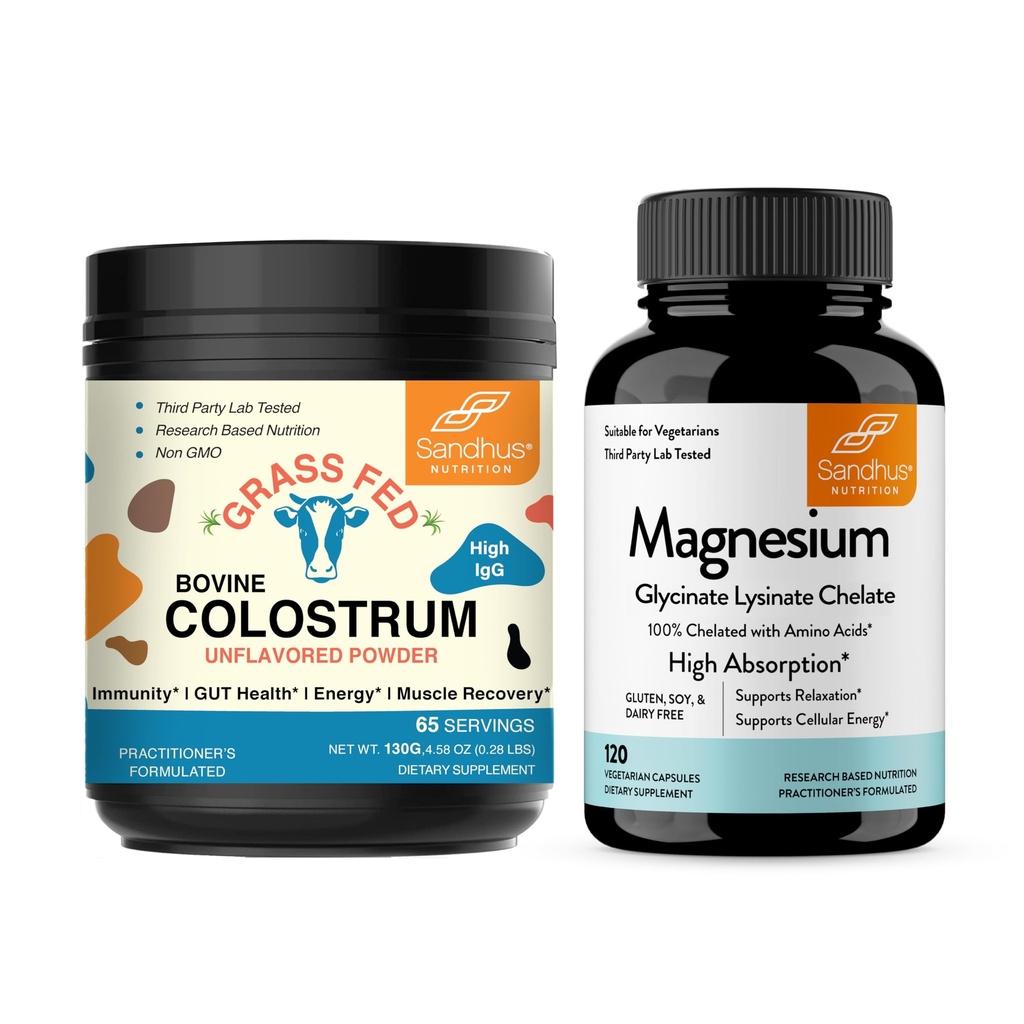 Sandhu's Bovine Colostrum Poudre et Magnésium Glycinate Capsules Lysinate