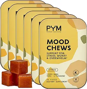 PYM Citrus Mood Chews Support pour le stress, l'inquiétude et l'overwhelm, 120 Comte, 130mg GABA, 90mg L-Theanine, végétalien, non-OGM, sans gluten, sans sucre ajouté.