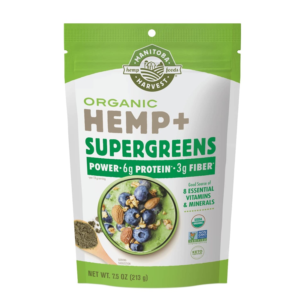 Manitoba Harvest Organic Hemp & Supergreens Powder, 7,5 oz, Green Superfood Powder mit 6g Protein, 3g Fiber per Serving, Vegan, Non-GMO Project Verified, Packaging May Vary