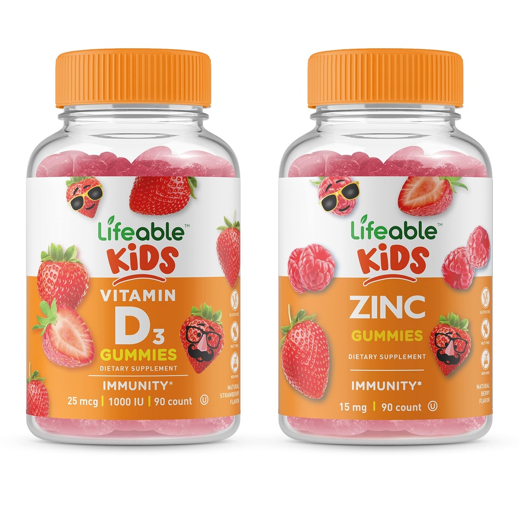 Vitamine D Lifeable Kids + Zinc Kids, Gommies Bundle - Grande dégustation, supplément de vitamine, sans gluten, sans OGM, gommy à croquer